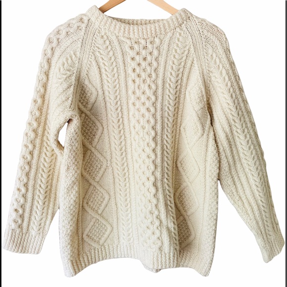 Sweaters - Classic Fisherman Chunky 3D Knit Wool Geometric Sweater In Cream